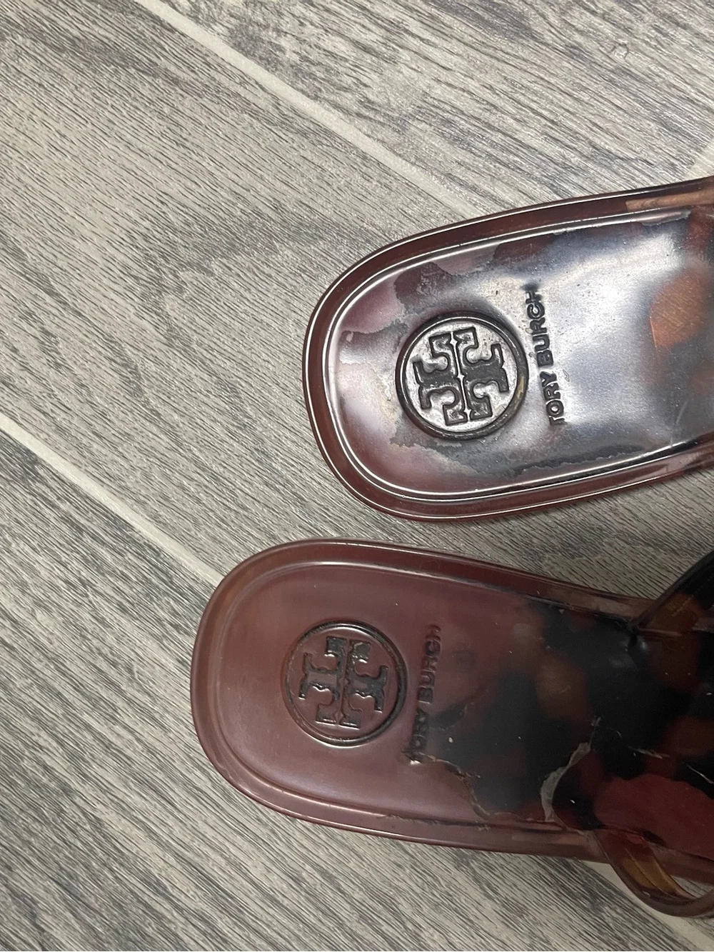 Tory Burch Tortoiseshell Jelly Thong Sandals with Gold Logo